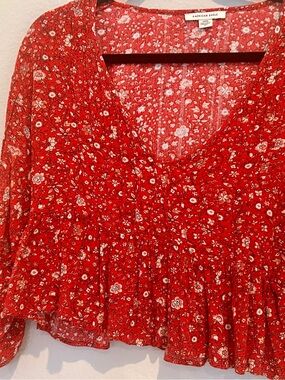 American Eagle Outfitters Red Floral V-Neck Peplum Top